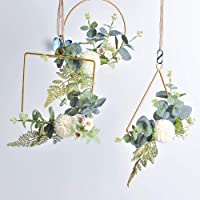 SUREH 3 coronas de aro florales con flores y verdes de metal para colgar en forma de aro cuadrado de seda de crisantemo…